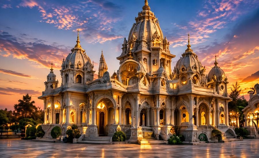 ISKCON Bijainagar temple at dusk